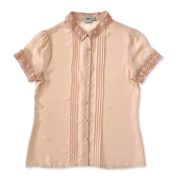 Asos Sheer Lace Button Up Short Sleeve Blouse Dollette Coquette Girly Feminine - Picture 1 of 10